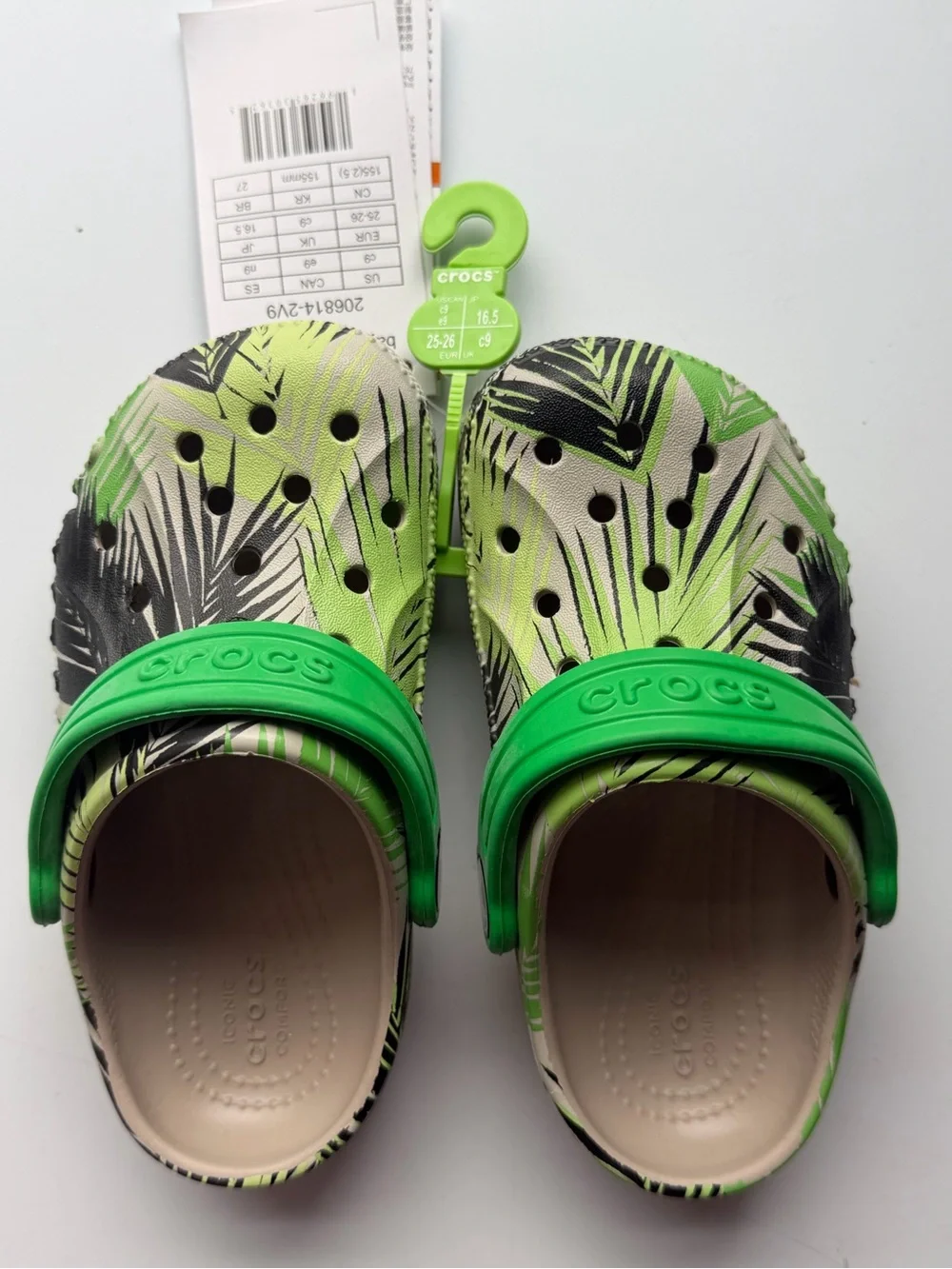CROCS Kids Green Tropical Print Clogs with Lime Strap